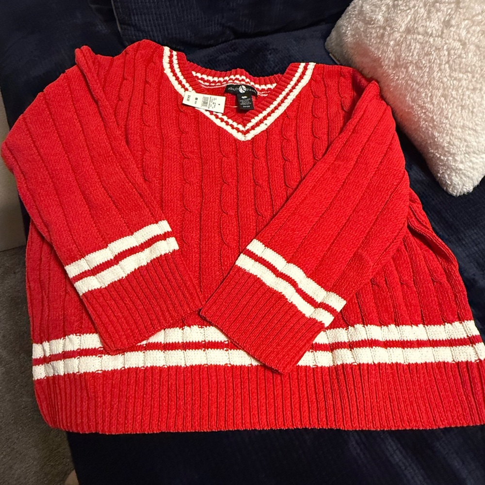Ashley Stewart Red and White V-Neck Sweater